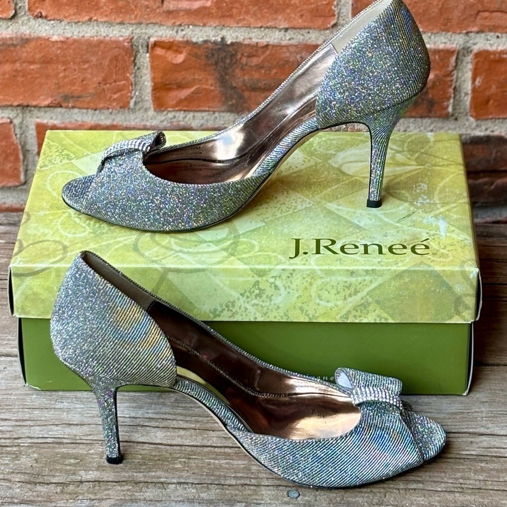 J RENEE Skylar Sparkle Shimmer Pewter Silver Heels Open Toe Pumps Sz 10M NEW - Picture 2 of 8